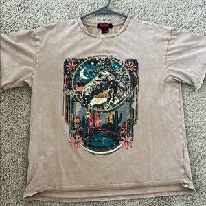 Rock & Roll Cowgirl Tan Short Sleeve Tee with Artistic Graphic